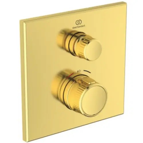 Brausethermostat in gebürstetem Goldfinish von Ideal Standard, mit zwei verstellbaren Reglern zur Temperatureinstellung und einem klaren, eckigen Design.